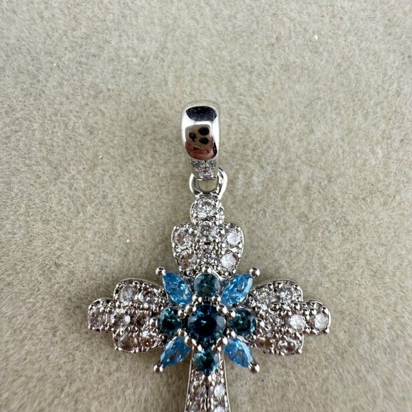 Silver-Tone Cross Pendant With Blue & Clear Cubic Zirconia Accents - Picture 3 of 7